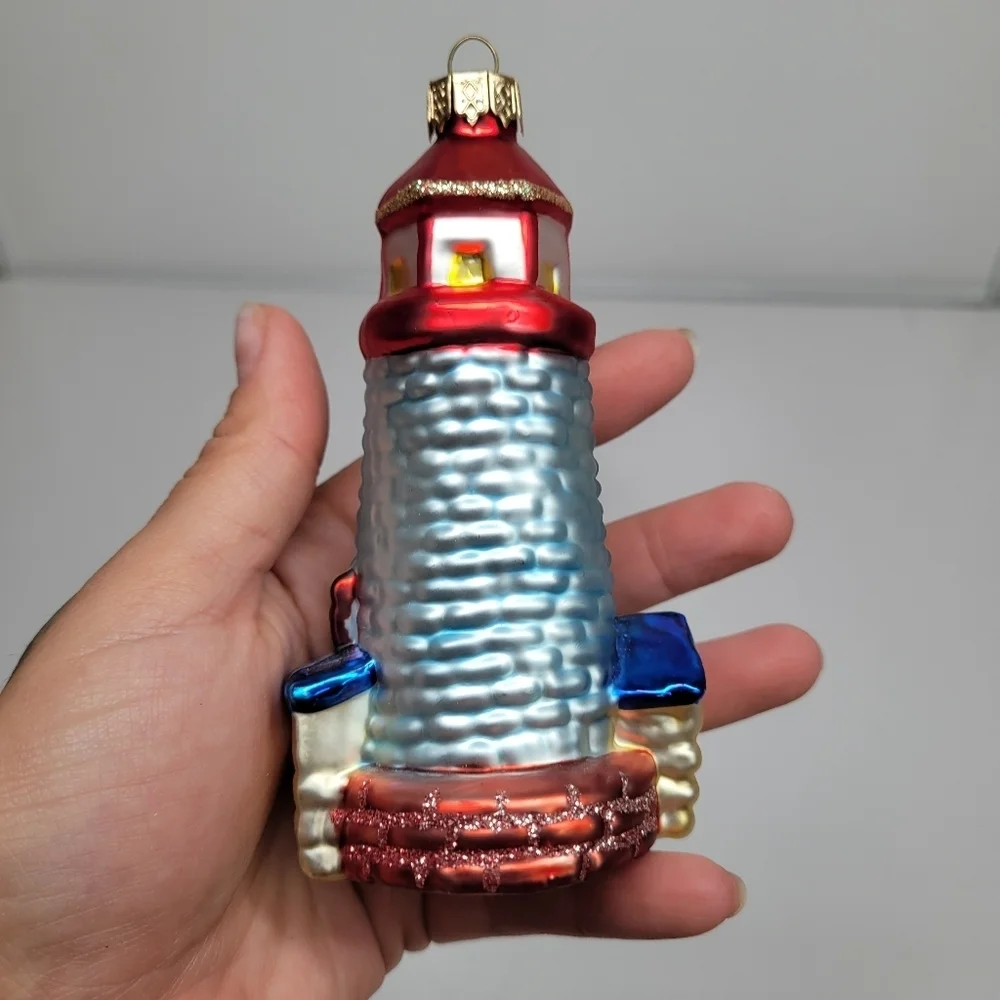 VTG Blown Glass‎ lighthouse Ornament Red Blue Glitter Ocean Coastal Holiday Gift